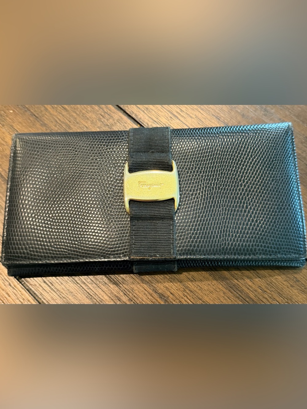 Salvatore Ferragamo Vintage Vara Bow Lizard-Embossed Leather Continental Wallet